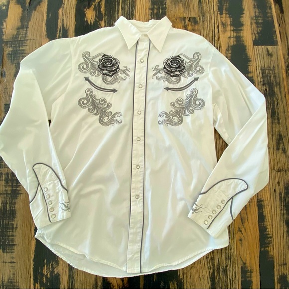 Roper Other - ROPER Pearl Snap Buttons Roses White Gray Western Shirt Men’s Size Large